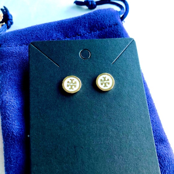Tory Burch Mini White Lacquer Logo Stud Earrings - Picture 2 of 5